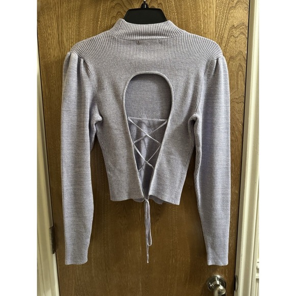 NWT Anthropologie Mock-Neck Lace-Up Open Back Sweater Black Small Light Purple - Picture 2 of 10